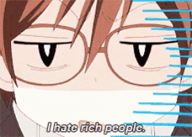 a close up of a person 's face with the words i hate rich people below it