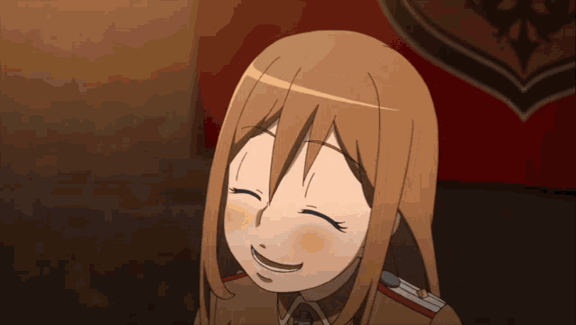 a girl in a military uniform is smiling with her eyes closed and her mouth open