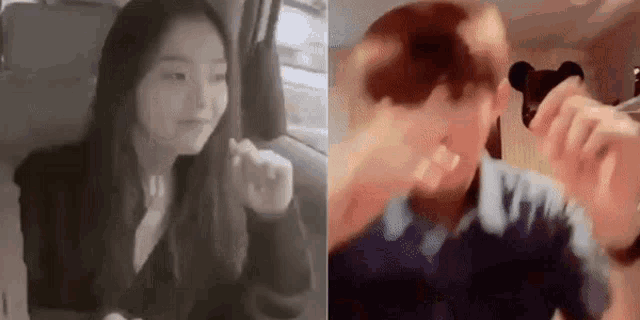 a woman is making a heart shape with her hands and a man is making a funny face .