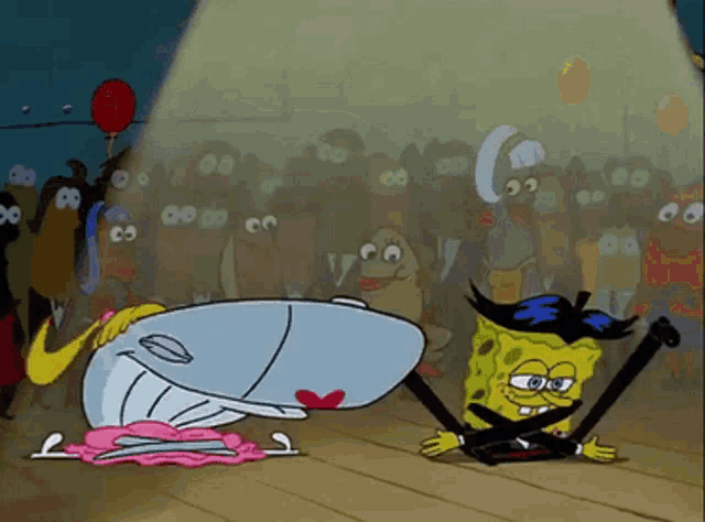 a cartoon of spongebob dancing with a whale