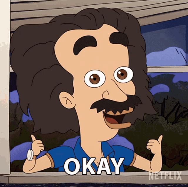 a cartoon of a man with a mustache and the word okay