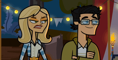 a man and a woman are standing next to each other in a cartoon scene