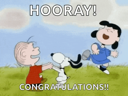 a cartoon of snoopy , lucy and linus saying `` hooray ! congratulations !! ''
