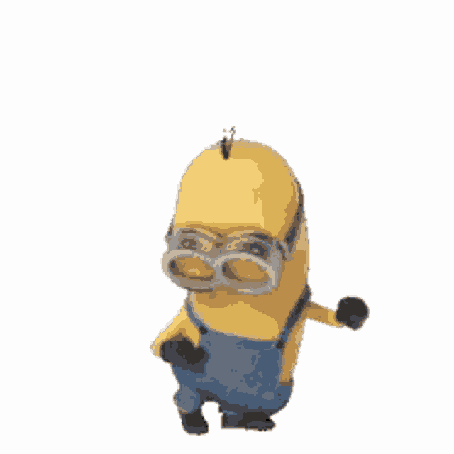 a yellow minion wearing goggles and overalls is standing and waving .