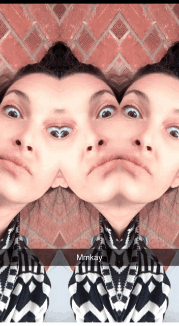 a woman is making a funny face and the name mmkay is on the bottom right