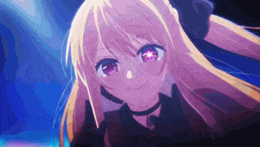 a blonde anime girl with purple eyes and a choker around her neck