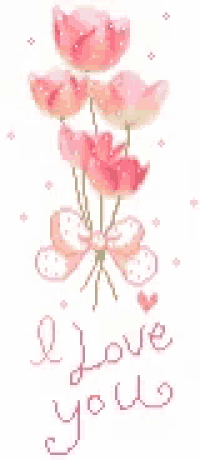 a bouquet of pink flowers with a bow and the words `` i love you '' written in cross stitch .