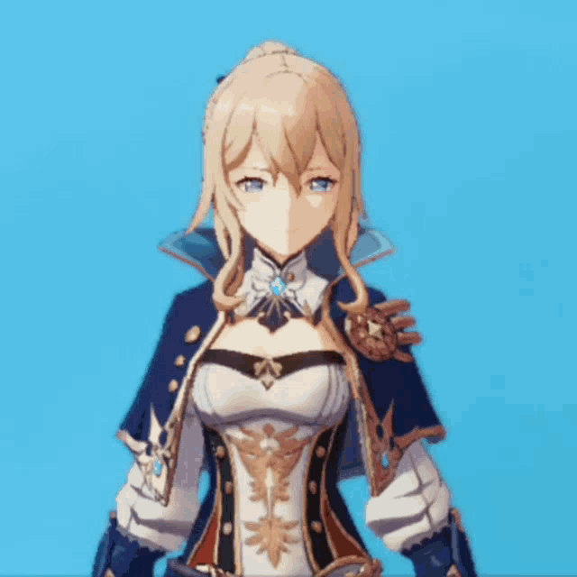 a girl with blonde hair and blue eyes is wearing a blue and white outfit