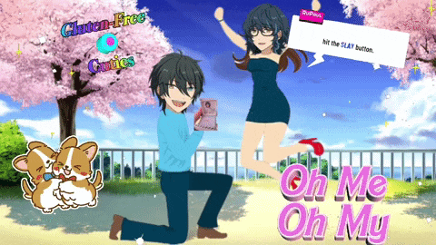 a man kneeling down in front of a girl with the words oh me oh my on the bottom right