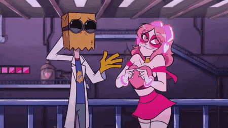 a cartoon character with a paper bag on his head standing next to a cartoon character with a heart on her chest .