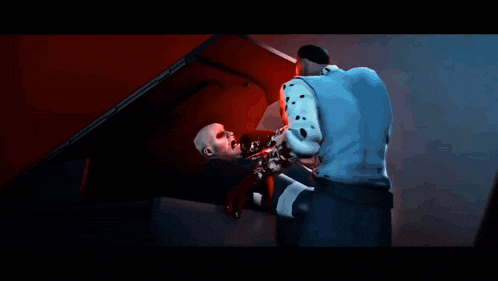 a cartoon character with blood on his face is holding his arms up in the air
