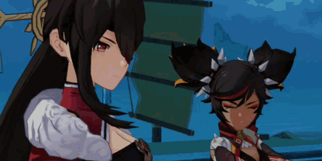 two anime characters are standing next to each other in front of a sailboat