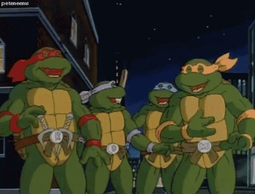 a group of teenage mutant ninja turtles are posing for a picture
