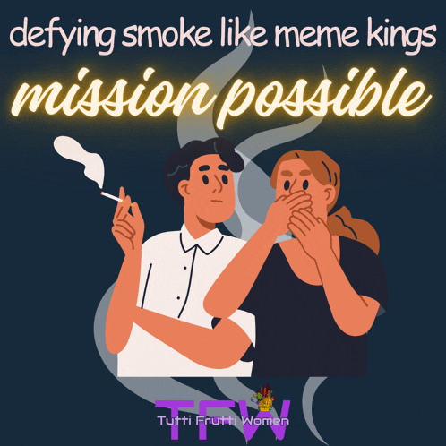 a poster with a man smoking a cigarette and a woman covering her mouth