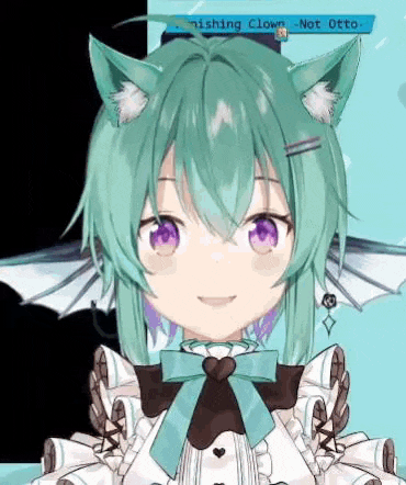 a girl with green hair and purple eyes is wearing a cat ear and a bow tie .