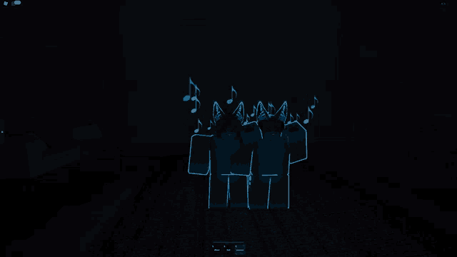 a dark room with a few cartoon characters and music notes