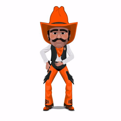 a cartoon of a cowboy wearing an orange hat and orange pants
