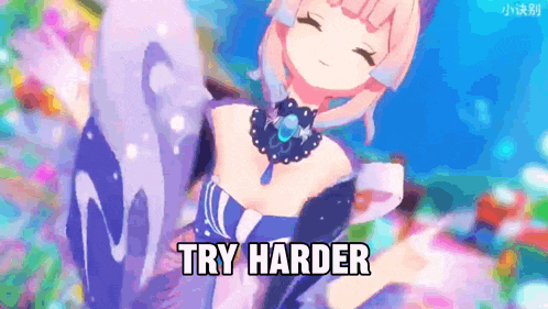 a cartoon girl is standing in front of a colorful background with the words `` try harder '' written in black letters .