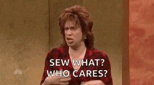 a woman is making a funny face and saying `` sew what who cares '' .