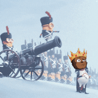 a cartoon monkey wearing a crown is standing in front of a cannon