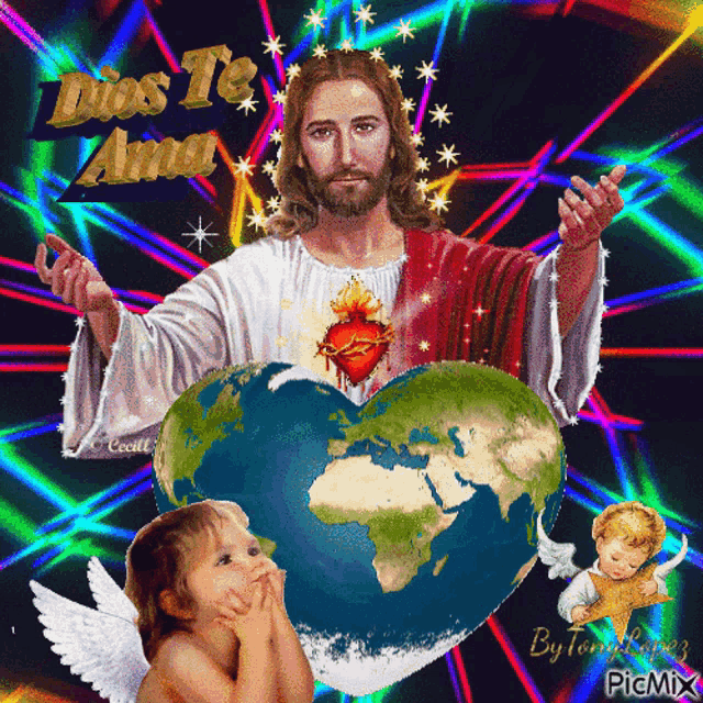 a colorful picture of jesus with the words dios te amo