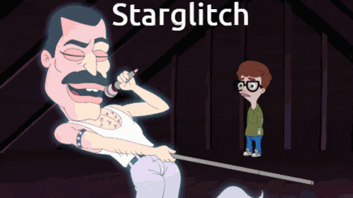 a cartoon of a man singing into a microphone with the words starglitch written above him
