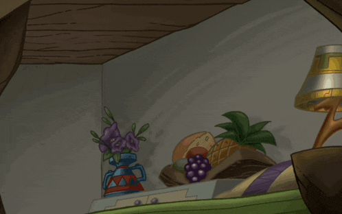 a cartoon character wearing a santa hat is standing in a room