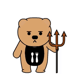 a cartoon teddy bear is holding a trident and says i 'm hungry .