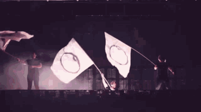 a couple of people are standing on a stage holding flags with the letter g on them .