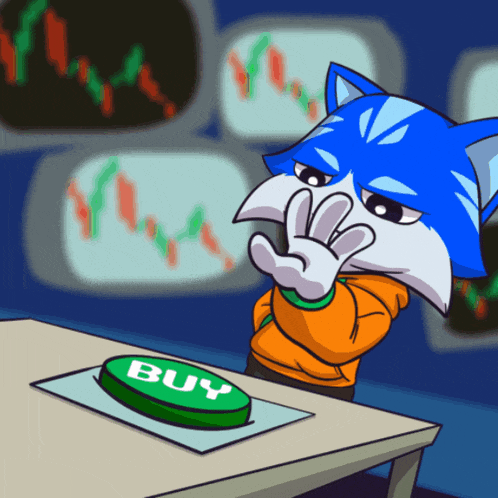 a cartoon character is pressing a buy button