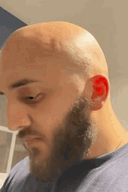 a bald man with a beard is wearing a pair of ear plugs .