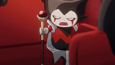 a cartoon character is holding a cane and making an angry face