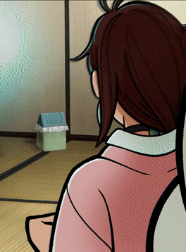 a cartoon drawing of a woman looking at a small house