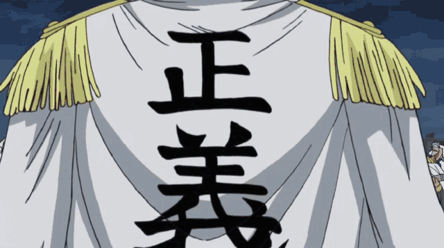 a cartoon character has chinese writing on the back of his jacket