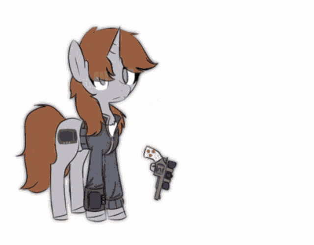 a drawing of a pony shooting a gun with a white background