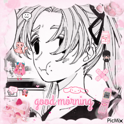 a black and white drawing of a girl with the words good morning on it