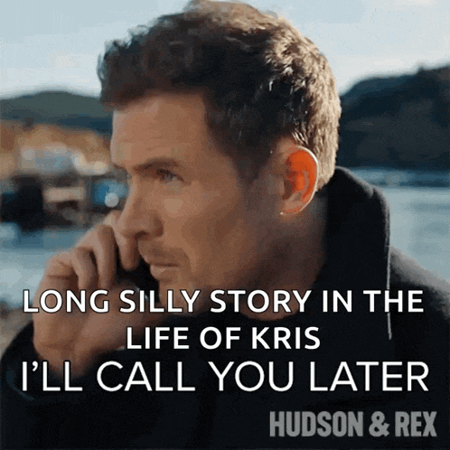 a man talking on a cell phone with the caption long silly story in the life of kris