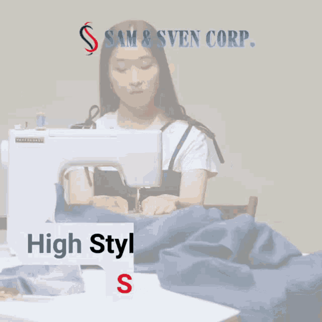 a woman using a sewing machine with the words high style ex servi