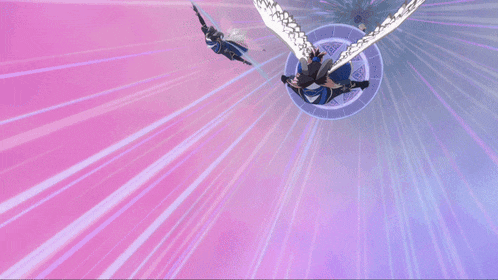 a person with wings is flying through a pink and purple background