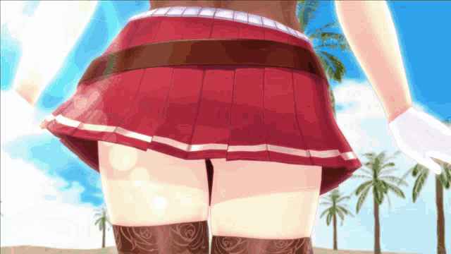 a woman in a red skirt and stockings is standing in front of palm trees