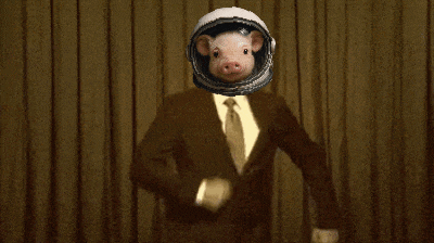 a picture of a pig in a space suit with the words let 's go behind him
