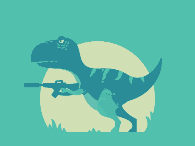 an illustration of a dinosaur holding a gun in its mouth