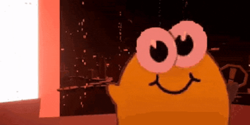 a cartoon character with pink eyes and a smile is standing in front of a red wall .