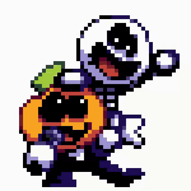 a pixel art of a cartoon character holding a pumpkin on his back .