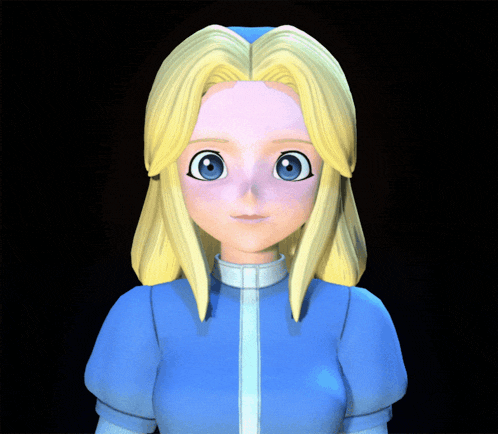 a girl with blonde hair and blue eyes is wearing a blue shirt