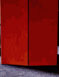 a red box is sitting on a carpet in a room