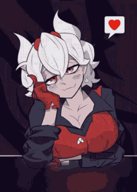 a cartoon drawing of a girl with horns and a heart shaped speech bubble above her head