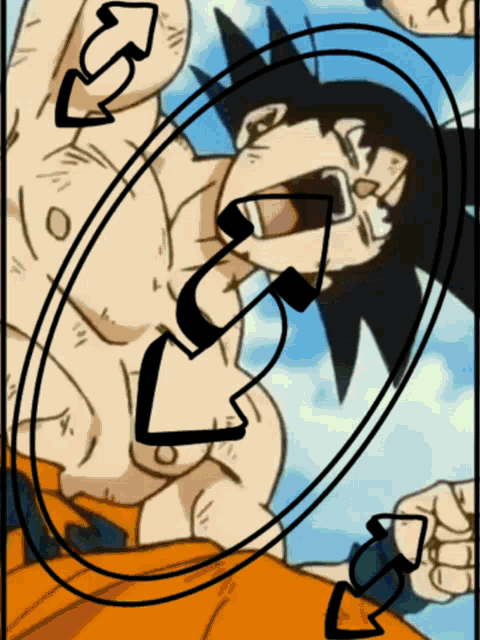 a cartoon drawing of a man with arrows pointing to the right