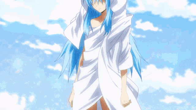 a person with blue hair wearing a white hood