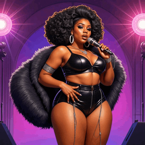 a woman singing into a microphone with a fur coat on